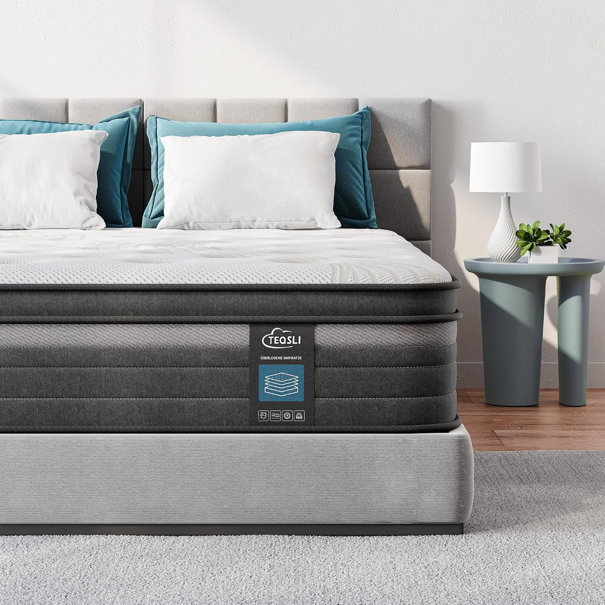TeQsli, Matratze, 90x200 cm, 25 cm, Grau, Gel Taschenfederkern Höhe H3 Härtegrad, Ergonomische 9-Zonen, Orthopädische Federkern mit Gel-Memory-Schaum