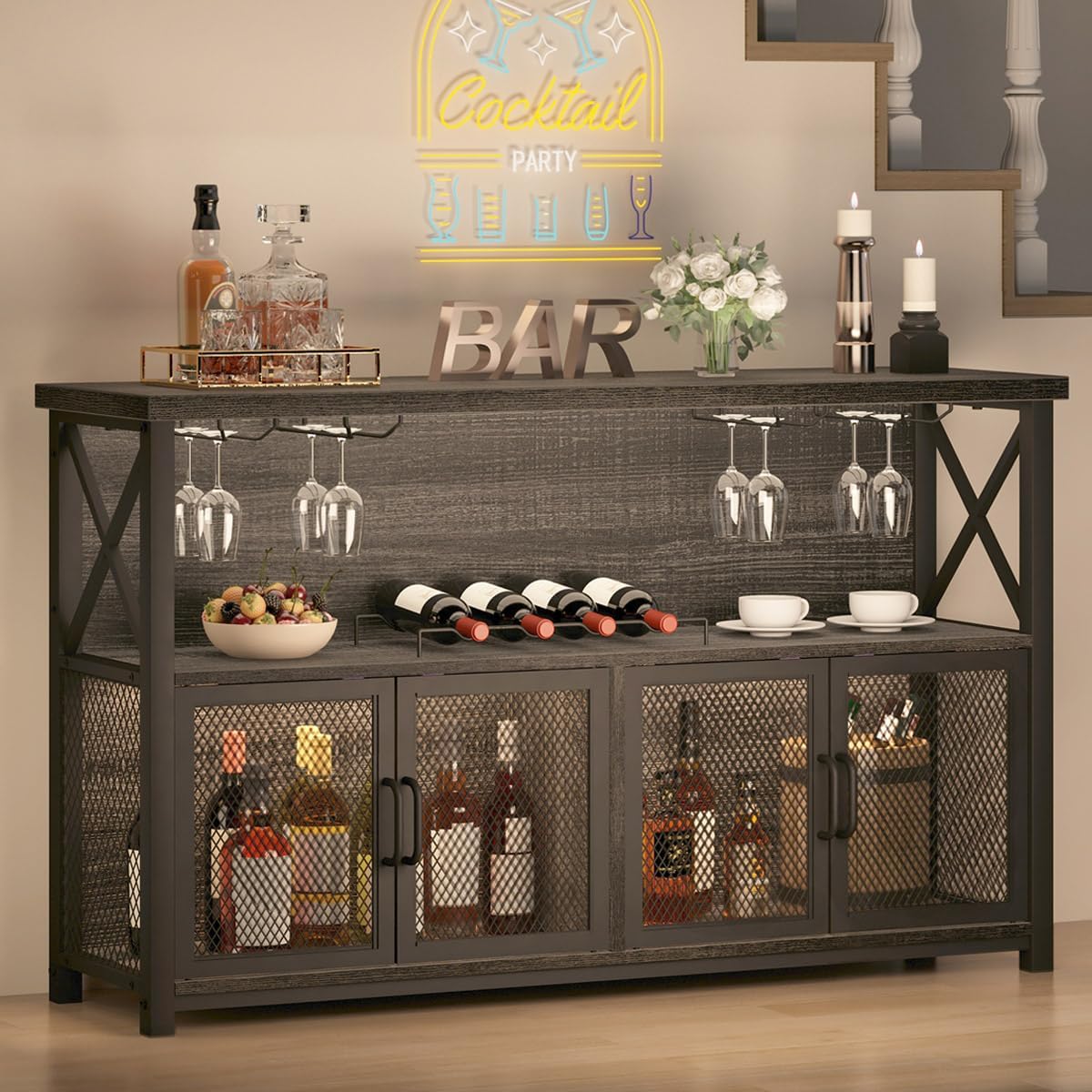 LVB, Sideboard, 119 cm, Eiche, Weinbarschrank, industrieller Kaffeebarschrank für Likör und Gläser, modernes mit Aufbewahrungsregal