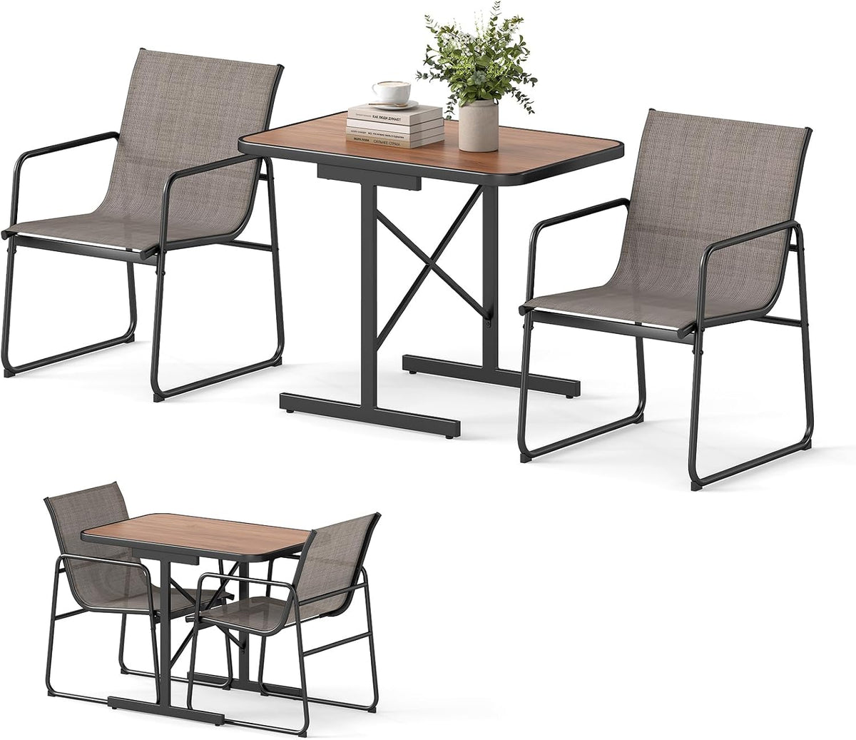 KOMFOTTEU, Essgruppe, Braun, 3-TLG. Gartenmöbel Set, Balkonset mit 1 Esstisch und 2 Stoffstühlen, Balkonmöbel platzsparend