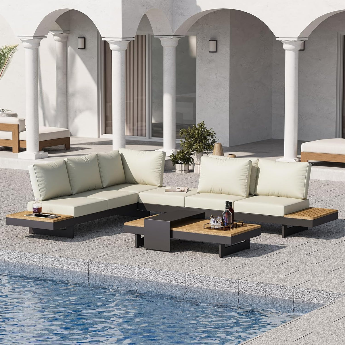 Sofa, Homary, Grau, 6-Sitzer Garten Lounge Set mit Aluminiumrahmen und Teak