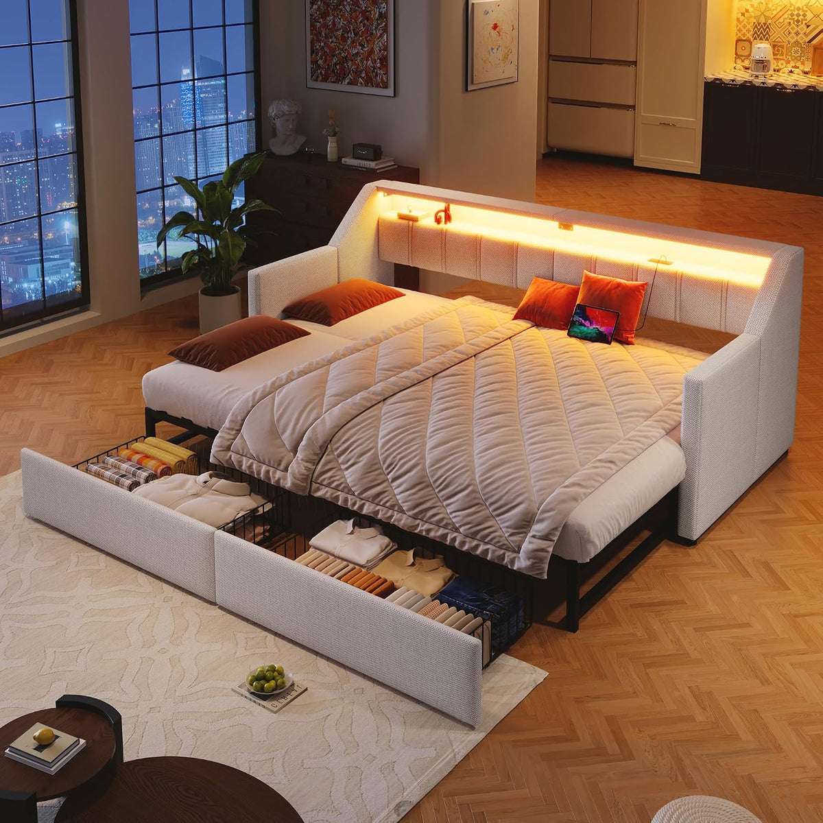 NovaFurnish, Matratze, 180x200 cm, 90x200 cm, Beige, Daybett, Tagesbett, Schlafsofa, Mit USB und Type-C, LED-Leiste mit Fernbedienung
