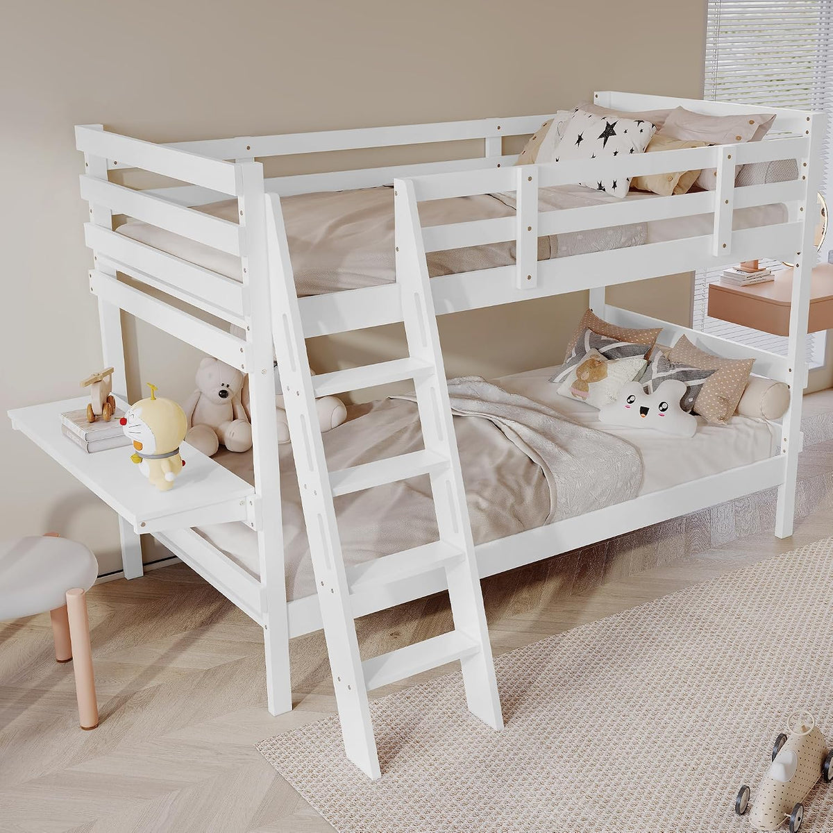 FQMOZY, Matratze, 90x200 cm, Weiss, Kinderbett Etagenbett, Hochbett für 2 Kinder, Holzbett mit Schreibtisch und Leiter