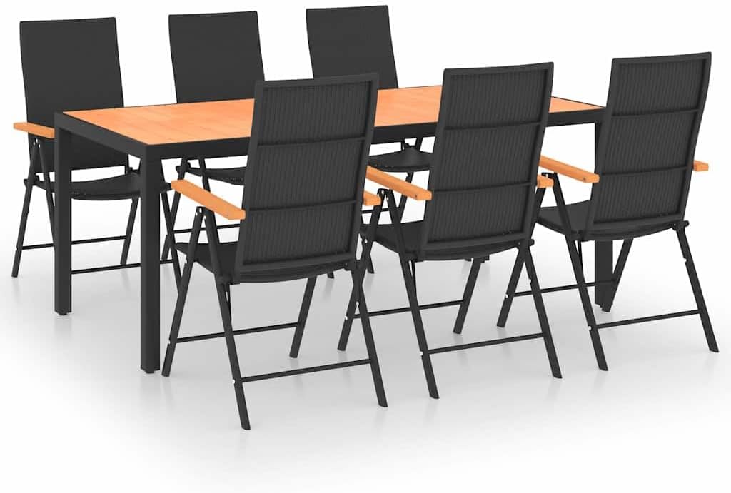 Makastle, Essgruppe, 185x90x74 cm, Schwarz/Braun, 7-teilige Garten- Schwarz Braun