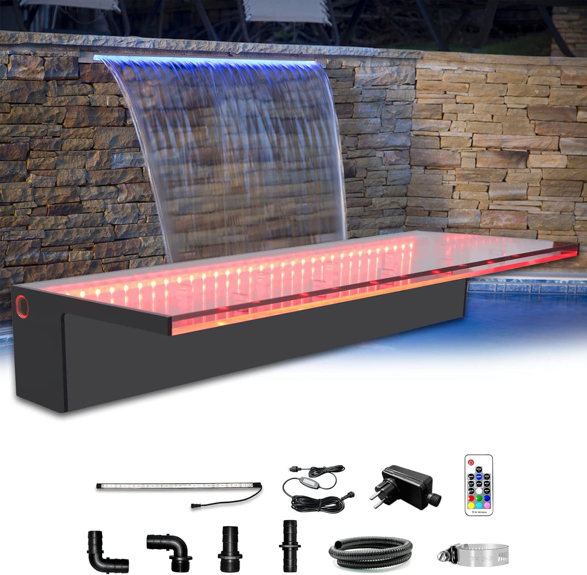 Longrun, Wasserfall- & Bachlaufsets, 60 cm, Weiss/Grau, Pool Wasserfall Bachlaufsets, Garten Brunnen mit Farbwechsel LED