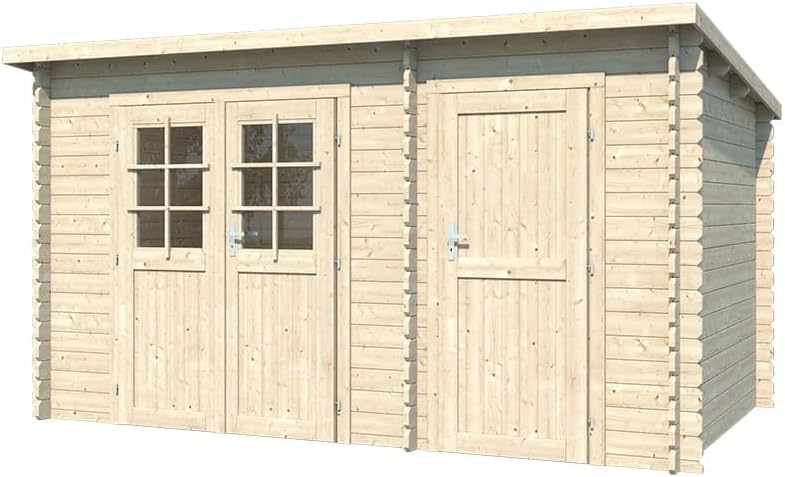 Gerätehaus, woodtex, 28 mm, Grau/Beige, Naturbelassen Gartenhaus Blockbohlenhaus Aster 2 B, Pultdach Blockbohlen Fichtenholz