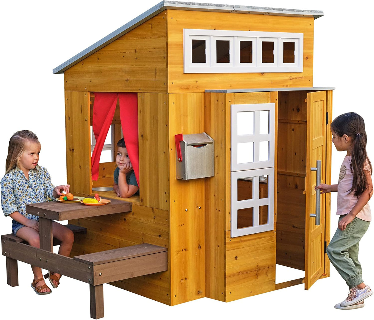 KidKraft, Spielhäuser, 158 cm, Braun, Modernes Outdoor Spielhaus für Kinder aus Holz
