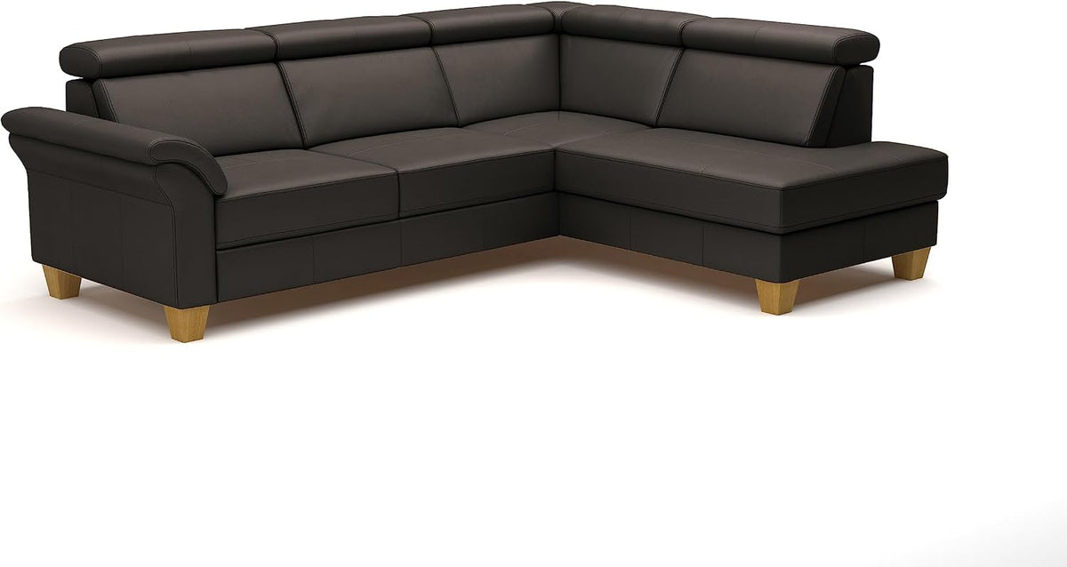 CAVADORE, Sofa, Dunkelbraun, Leder-Eck Ammerland mit Ottomane / Landhaus- mit Federkern