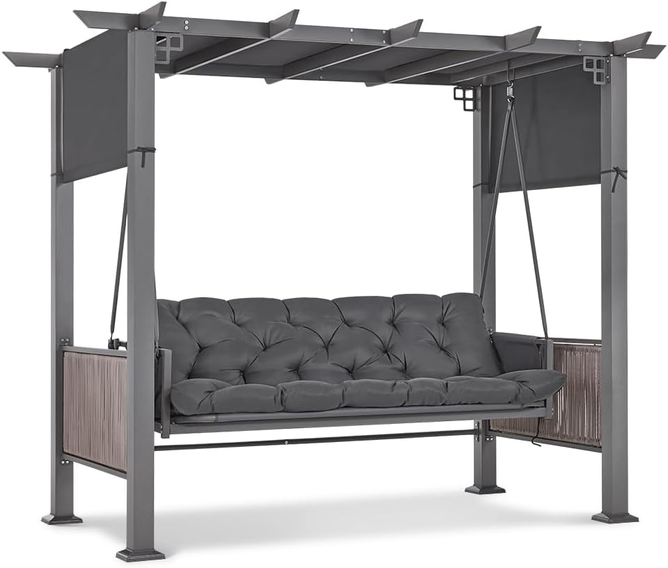 M MCombo, Pavillon, 8CM, Grau, 3-Sitzer Pergola Hollywoodschaukel mit Liegefunktion &, Gartenschaukel mit Ausziehbarem Sonnendach