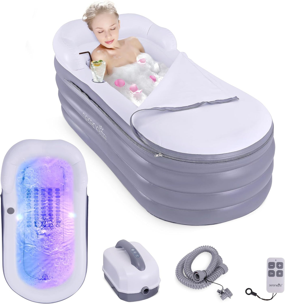 SereneLife, freistehend Badewannen, 168×76 cm, Grau, Aufblasbare Badewanne Erwachsene, Faltbar, Mit Bubble Sprudelmatte und LED-Licht