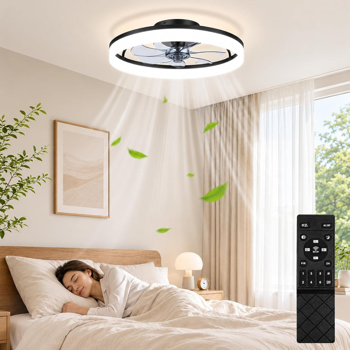 MOSSCO, Deckenventilator, 50 cm, Schwarz, mit Beleuchtung und Fernbedienung, LED Deckenleuchte Dimmbar, 3 Lichtfarben