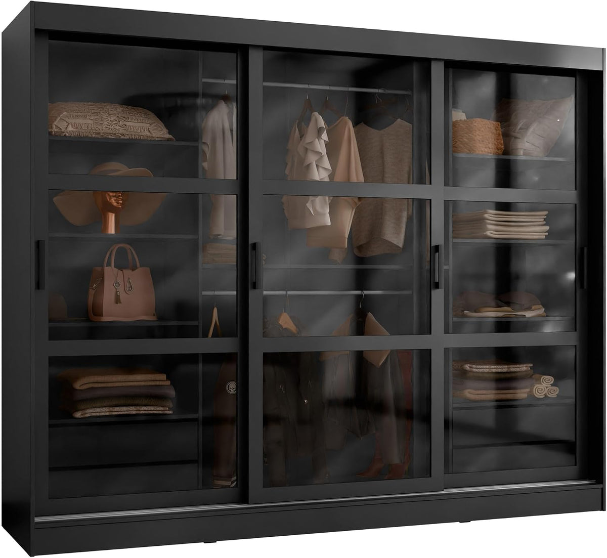 Mirjan24, Kleiderschrank, Schwarz, Norlio mit Glastüren und Schubladen, Schwebetürenschrank mit Rauchglas, Garderobe (