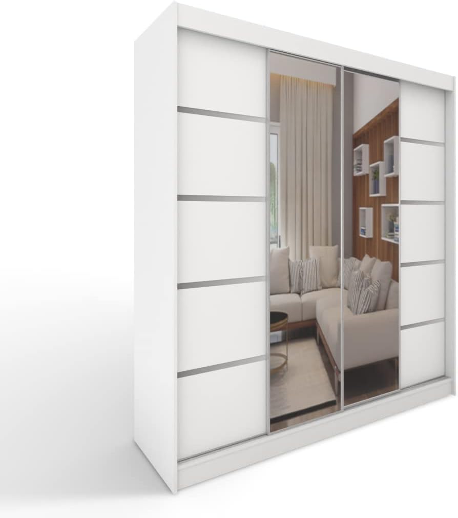 Kleiderschrank, ML Furniture Ltd, 150 x 200 x 58 cm, Weiss, ML C5 Schiebetüren mit Spiegel - Schlafzimmermöbel