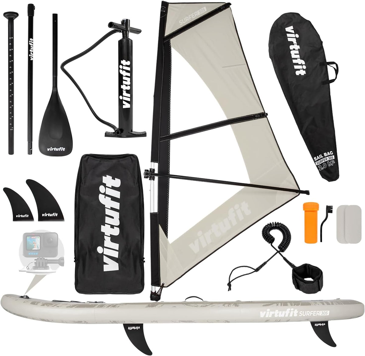 VirtuFit, SUP-Board, Grau/Weiss, Stand-up-Paddle-Board Set, Aufblasbares SUP Board mit Paddel, Rucksack und Zubehör für Freizeit