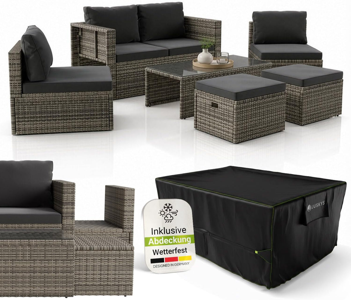 Gartenmöbel-Set, Juskys, Grau, ® Polyrattan Gartenmöbel Set Salou inkl. Abdeckung -, Balkon, Terrasse
