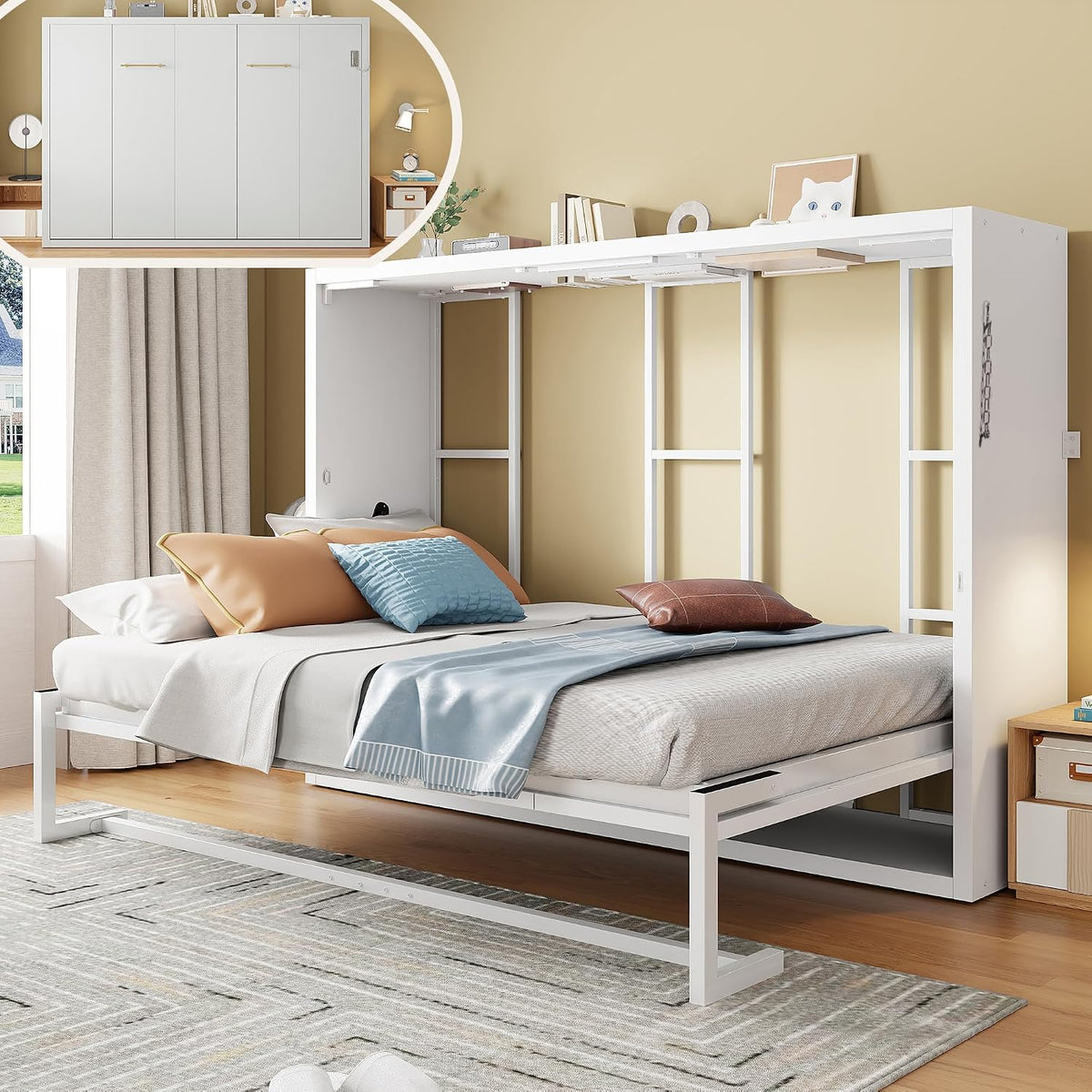 MYBOO, Bett, Weiss, Schrank 140x200, Metallrahmen Wand mit Lattenrost, Klapp mit Schrank, Wandklapp Murphy Funktions Vertikal schrank mit