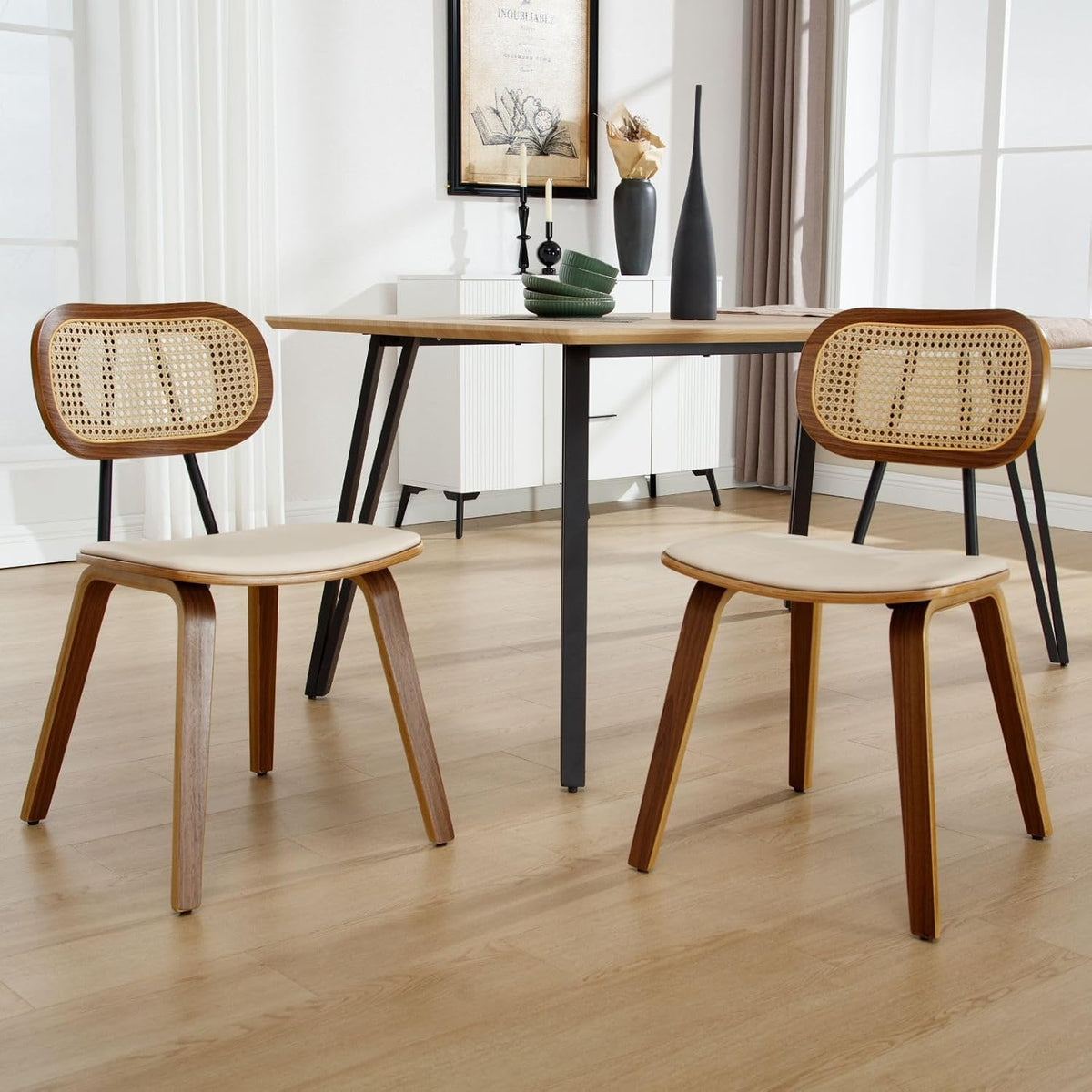 Ya-Home, Esszimmerstühle, Beige, Rattan 2er Set Sitzfläche aus Kunstleder