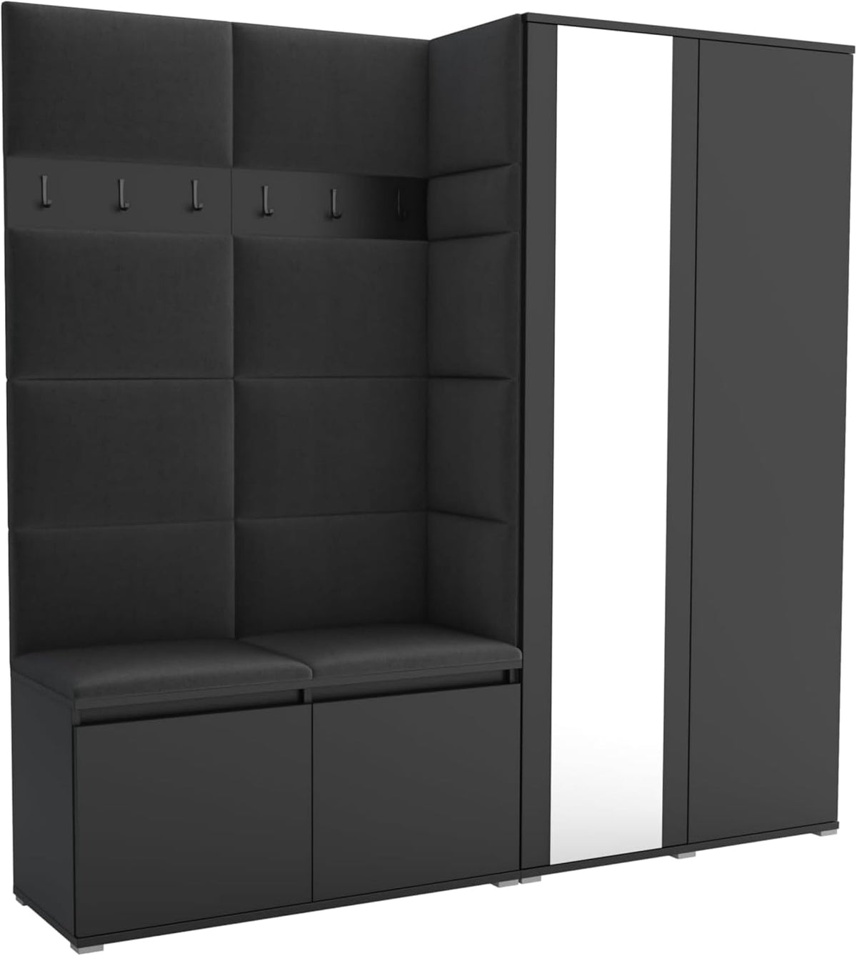 Brent, Komplettprogramme, Schwarz, Flurgarderobe Luton 4, Garderobe Set: Schuhbank mit Sitzfläche, Garderobenpaneel