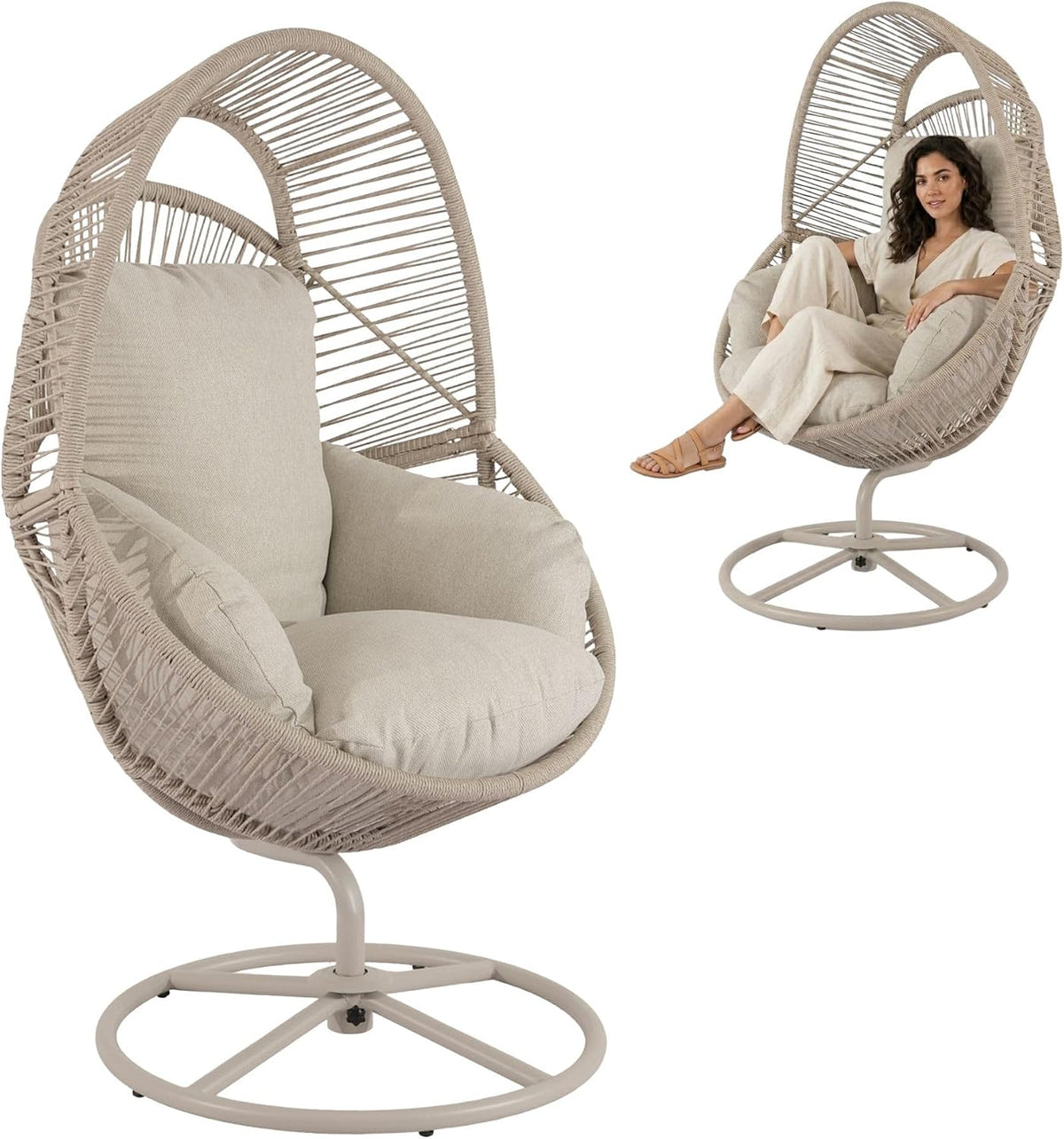 di volio, Esszimmerstuhl, 15 cm, Beige, Gartensessel Polyrattan drehbar mit Sitzkissen Outdoor Vico
