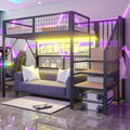 Merax, Matratze, 90x200 cm, Schwarz, Metall-Hochbett, mit LED-APP-Streifen, Leiter-Aufbewahrung und offenem Schrank