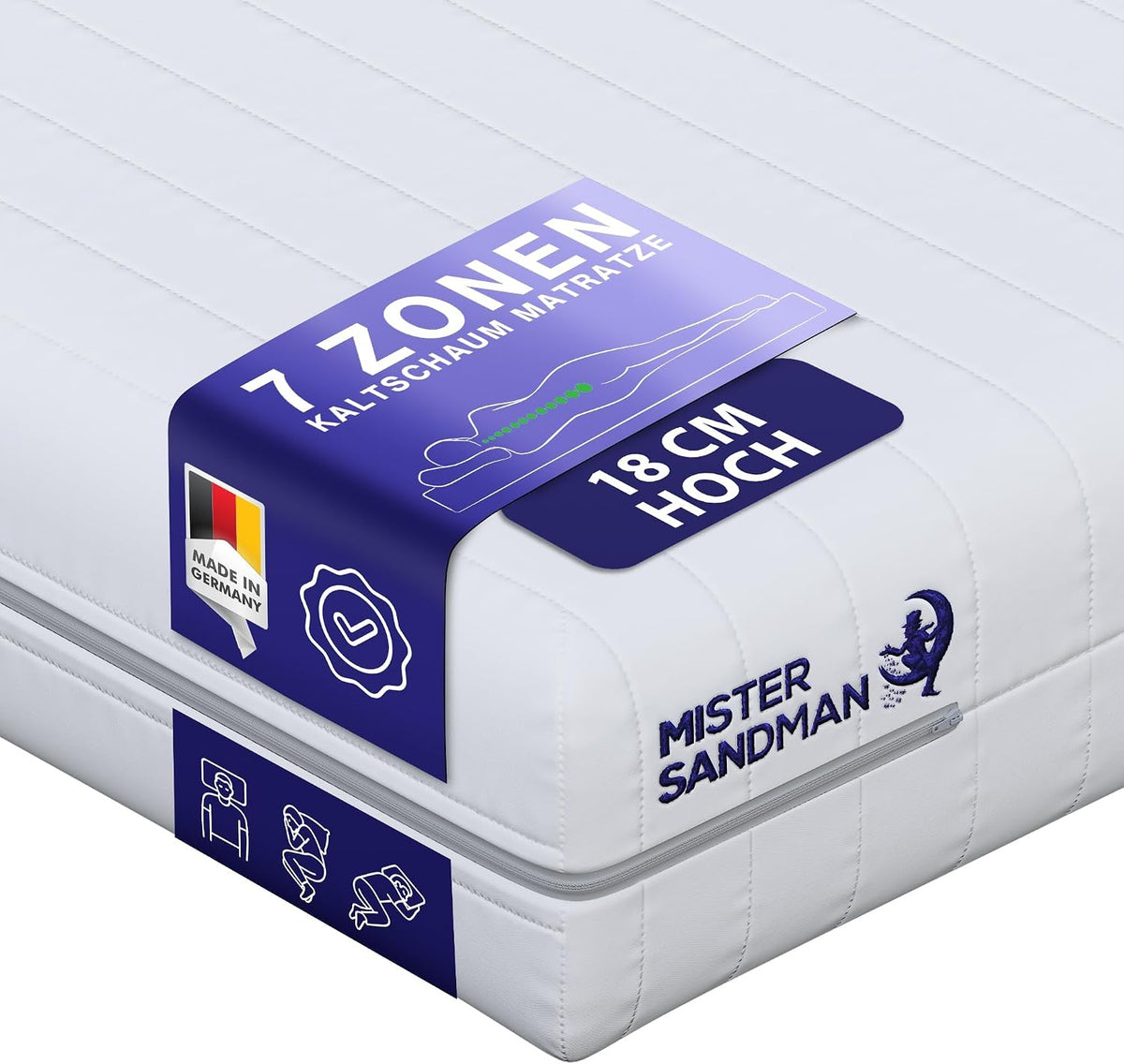 Mister Sandman, Matratze, 140x200 cm, 18 cm, Weiss/Blau, Kaltschaum, H2 / H3, Höhe, Ergonomische 7-Zonen, Roll mit waschbarem Bezug