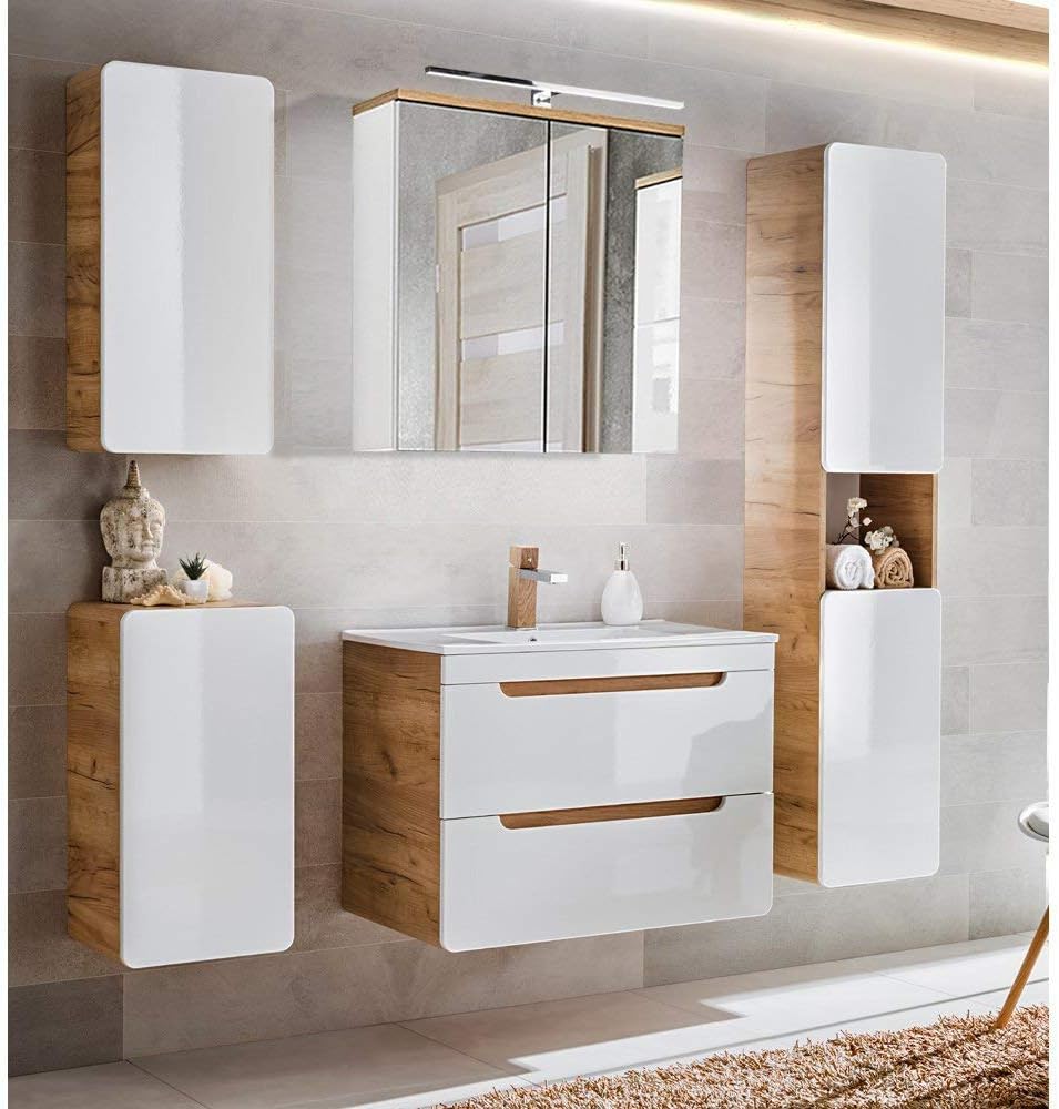 Lomadox, Komplettprogramme, 80 cm, Weiss/Eiche, Badmöbel Komeplett-Set, Hochglanz weiss mit Wotan Eiche Nb., LED-Spieglschrank