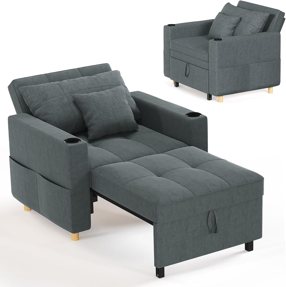 Sofa, YODOLLA, 93 cm, Dunkelgrau, Schlaf, Extrabreit Schlafsessel mit Bettfunktion