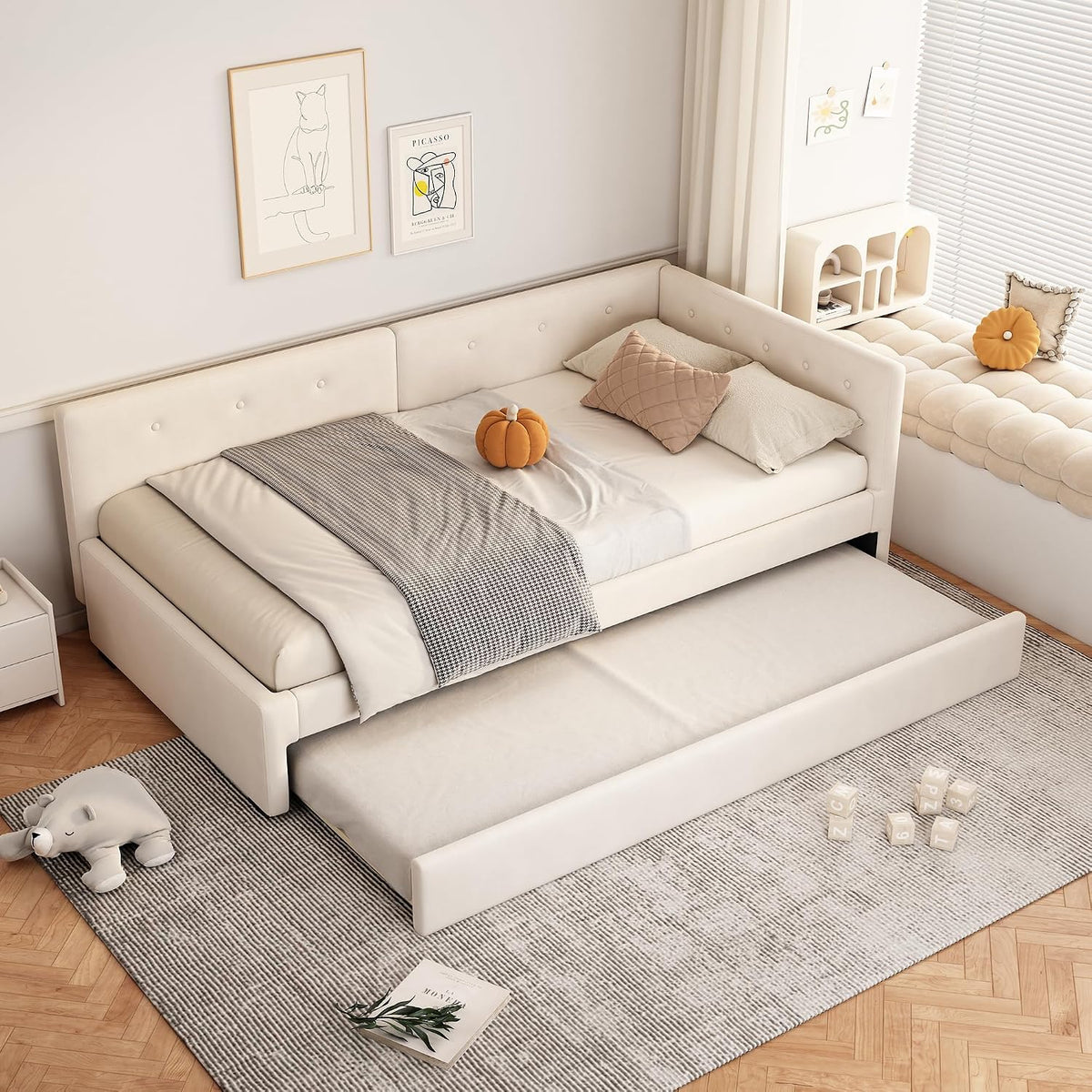 RIAZOS, Matratze, 90x200 cm, Beige, Polsterbett Schlafsofa, Einzelbett mit Ausziehbett, L-förmiges Gästebett Daybett Tagesbett
