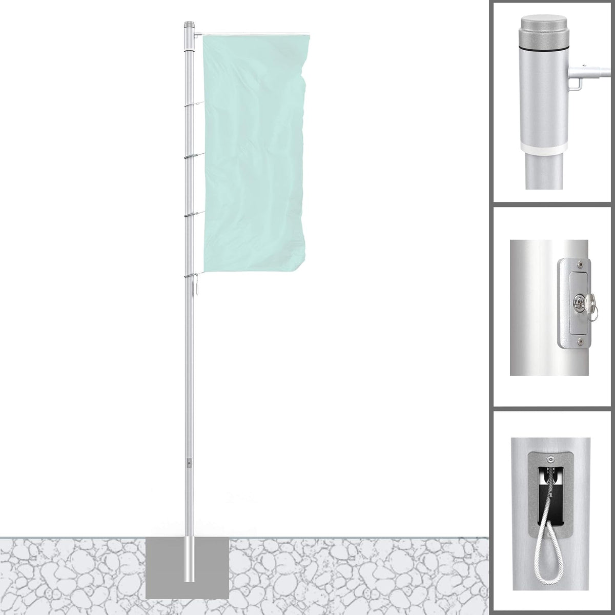 Vispronet, Fahnenmasten & Zubehör, 75 mm, 6 m, Weiss/Grau, ® Alu-Fahnenmast / ø Protect Extend Hissbarer