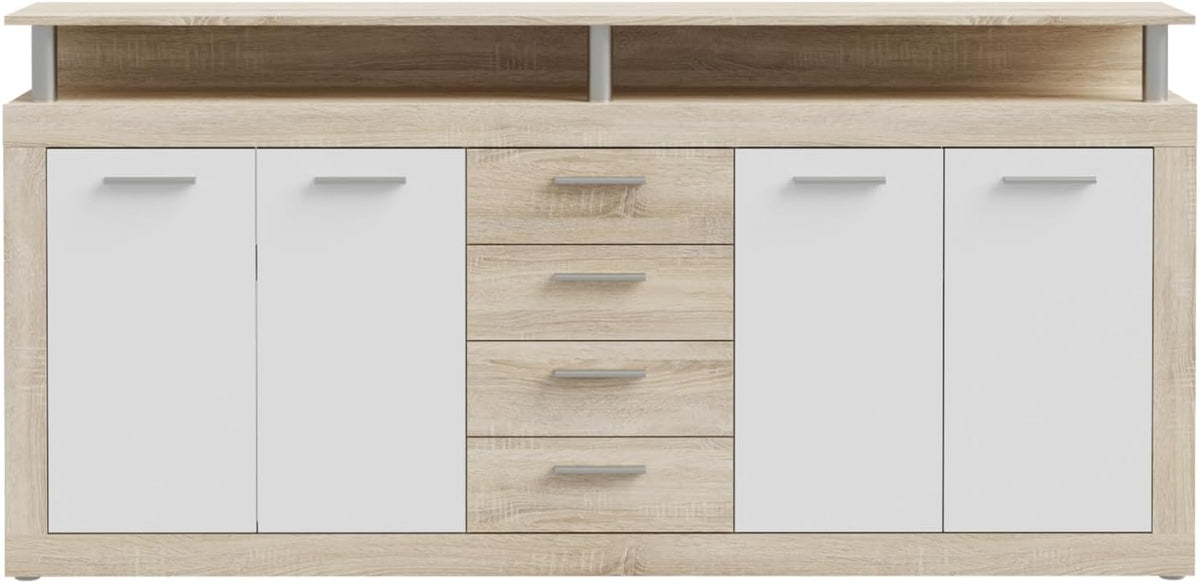 Forte, Sideboard, 197,5 x 94,4 x 36,3 cm, Eiche/Weiss, Cava Kommode mit 4 Türen, 4 Schubladen und Aufsatz, Holzwerkstoff