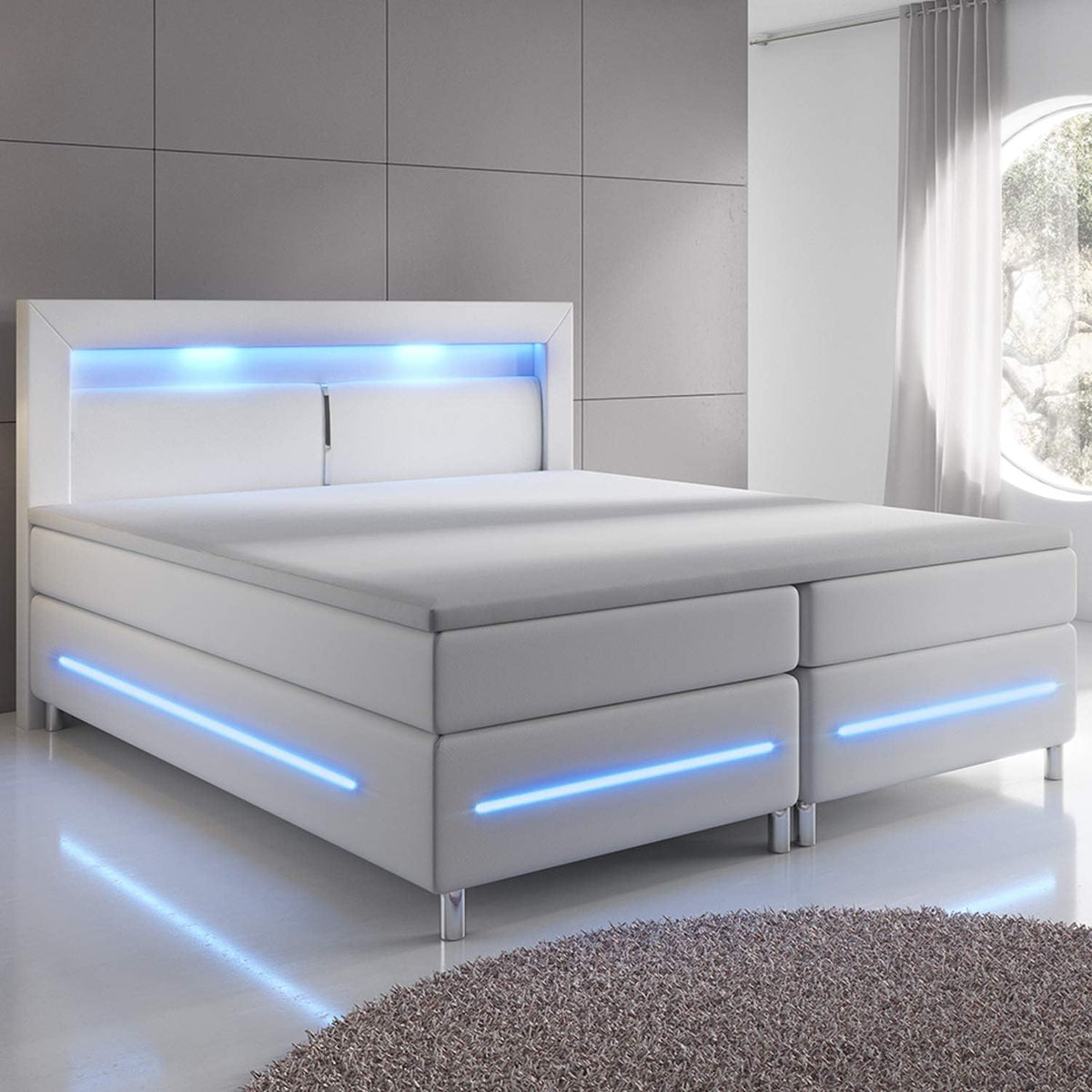 Juskys, Boxspringbett, 180x200 cm, 66 cm, Weiss, Norfolk - LED Beleuchtung, Bonell Matratze & Topper - Komforthöhe - - Bett Doppelbett