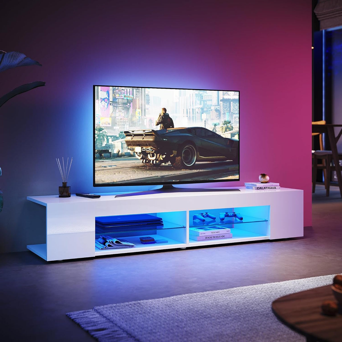 TV-Schrank, SUNXURY, 5 mm, Weiss, Lowboard, TV Board mit LED-Beleuchtung Fernsehtisch mit Glasablage