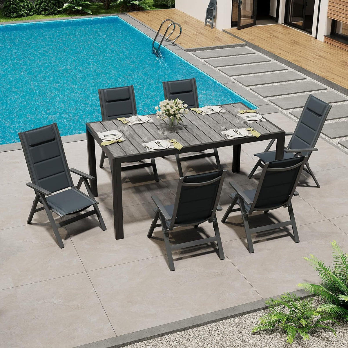 TRIUMPHKEY, Essgruppe, 150 cm, Dunkelgrau, Aluminium Gartenmöbel 6+1, Gartenmöbel Set mit 1 PS Gartentisch und 6 klappstuhl