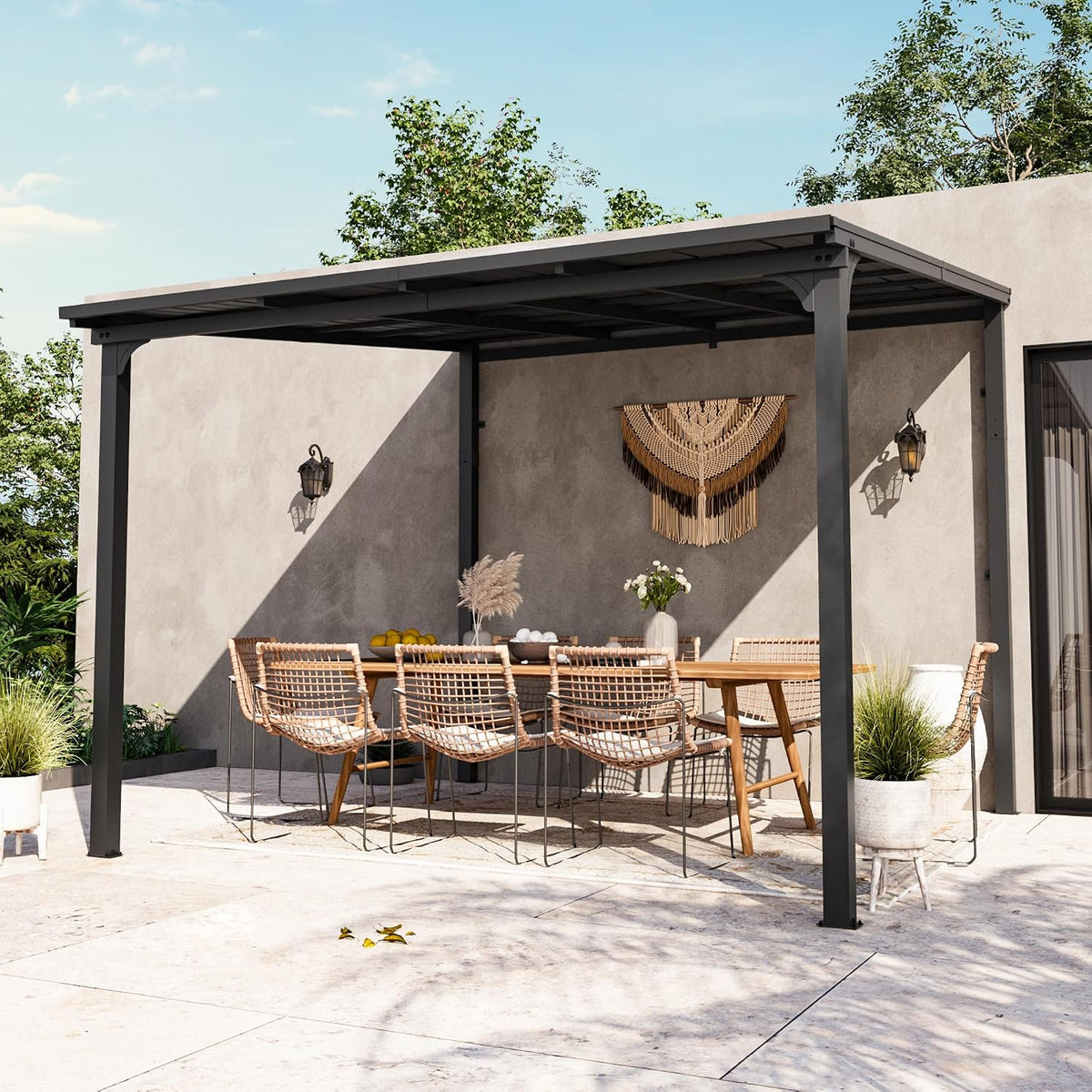 Modern Shade Outdoor Living Spaces, Pavillon, Weiss/Grau, Terrassenüberdachung 3x3 m, Hardtop Wandmontierter mit eingebautem Entwässerungssystem