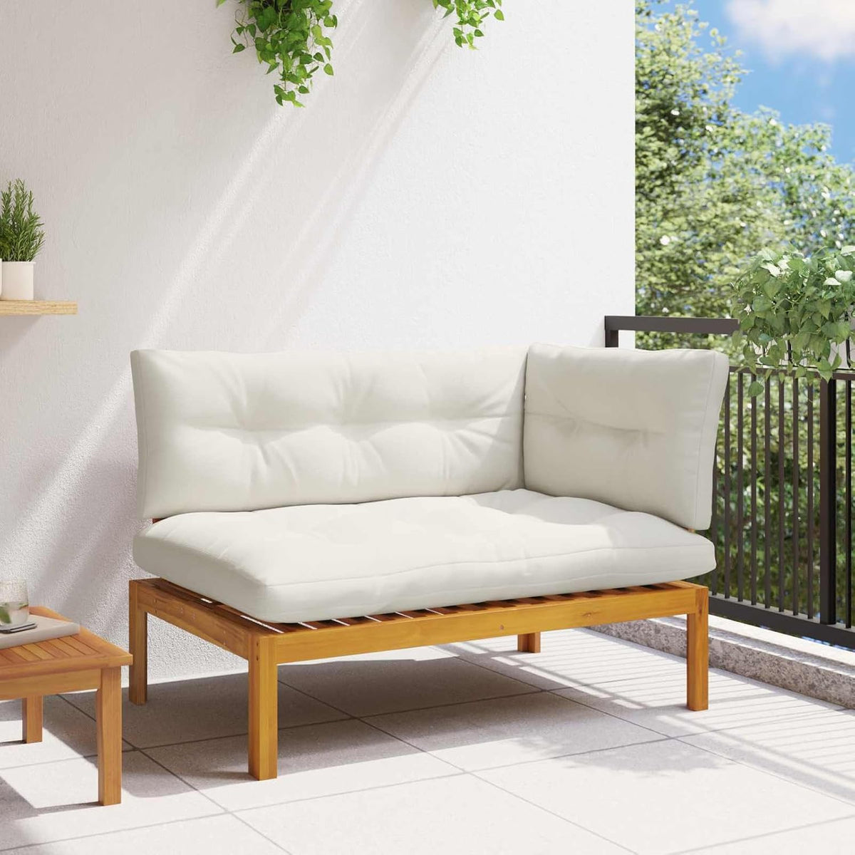 Sofa, Gecheer, 132 x 92 x 82 cm, Akazienholz, Natur/Creme, Garten Eck aus Akazienholz, Natur und cremeweiss, mit Schaumstoff-Sitzkissen