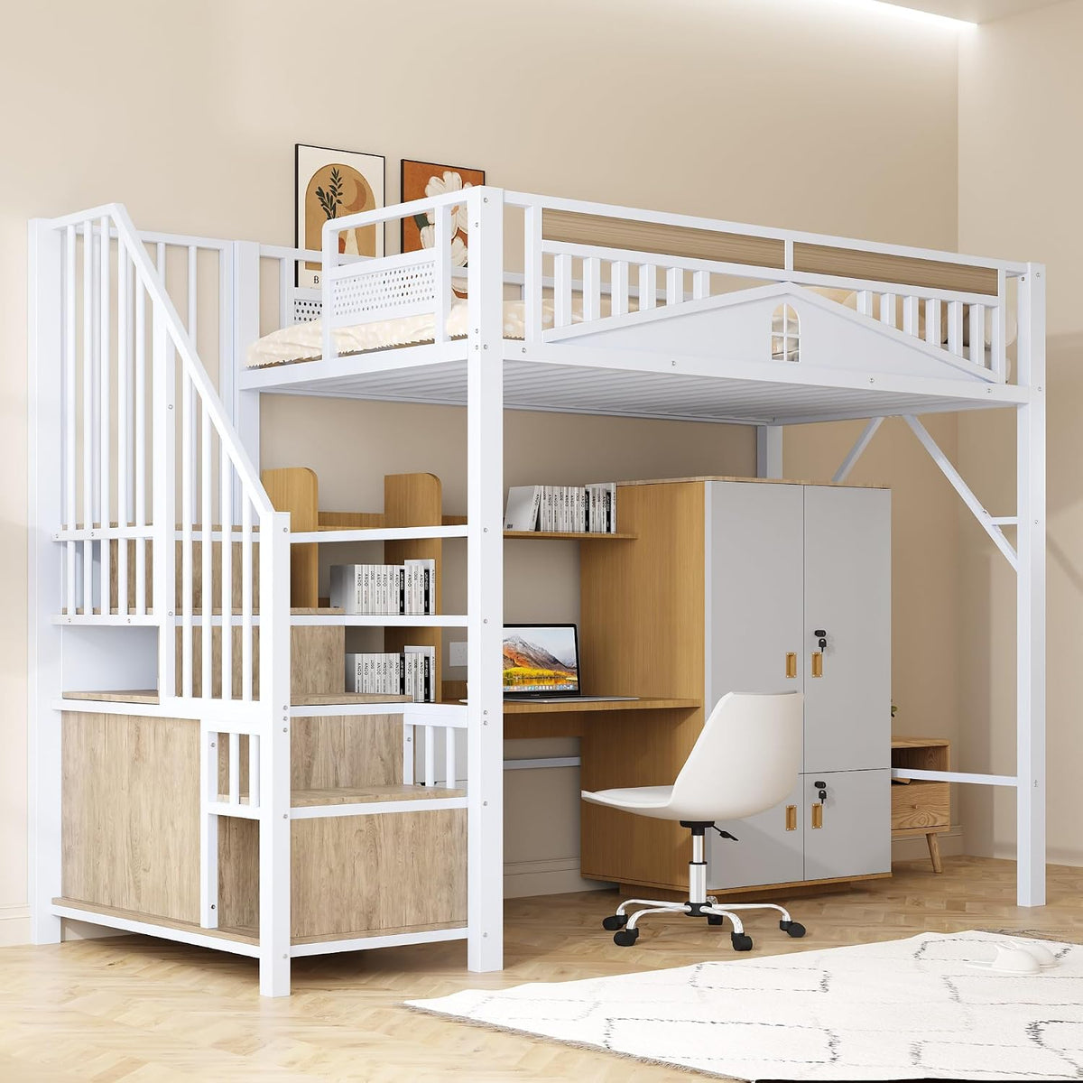 Merax, Matratze, 90 x 200 cm, Weiss, Metall-Hochbett, multifunktionales Hochbett mit 1 Schlafplatz, Schrank und Leiter für Lagerung