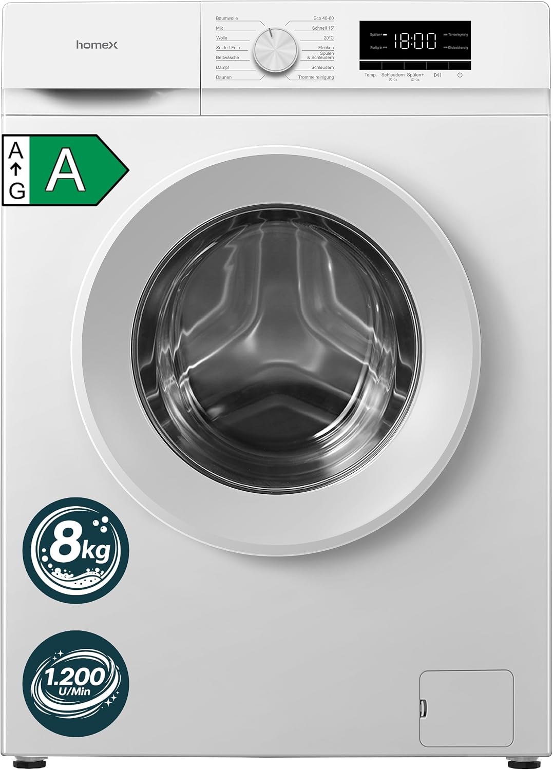 homeX, Waschmaschine, 45 cm, 8 kg, Grau, WF812K1A-W Frontlader 1.200 U / Min Tiefe