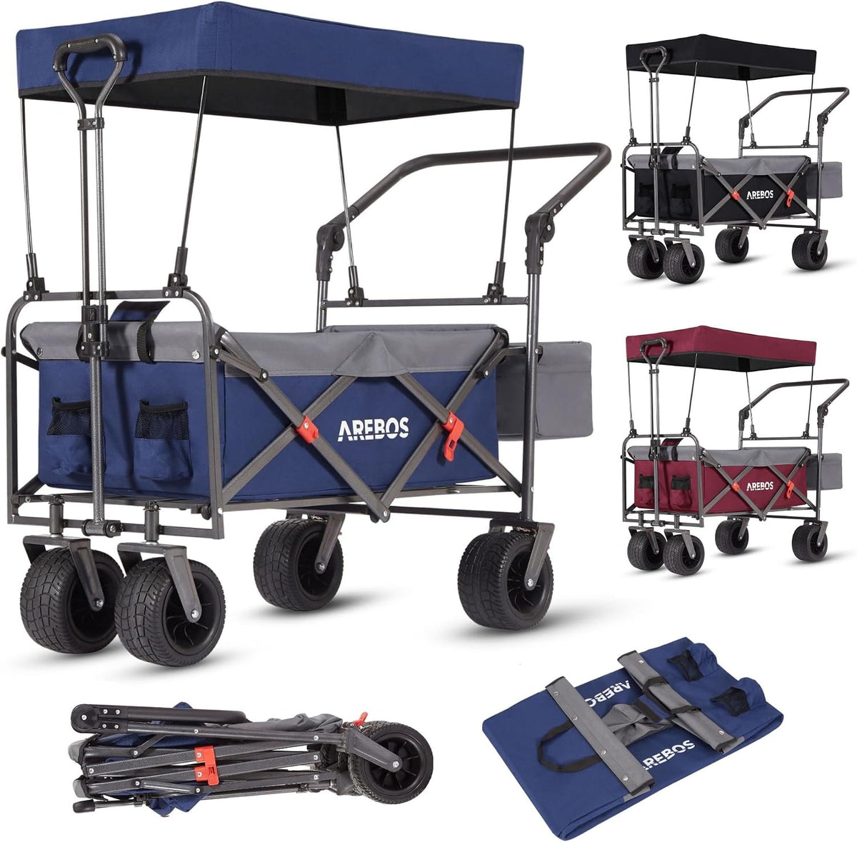 Arebos, Handwagen, 100 kg, Blau, Bollerwagen mit Dach, faltbar, XXL-Tasche