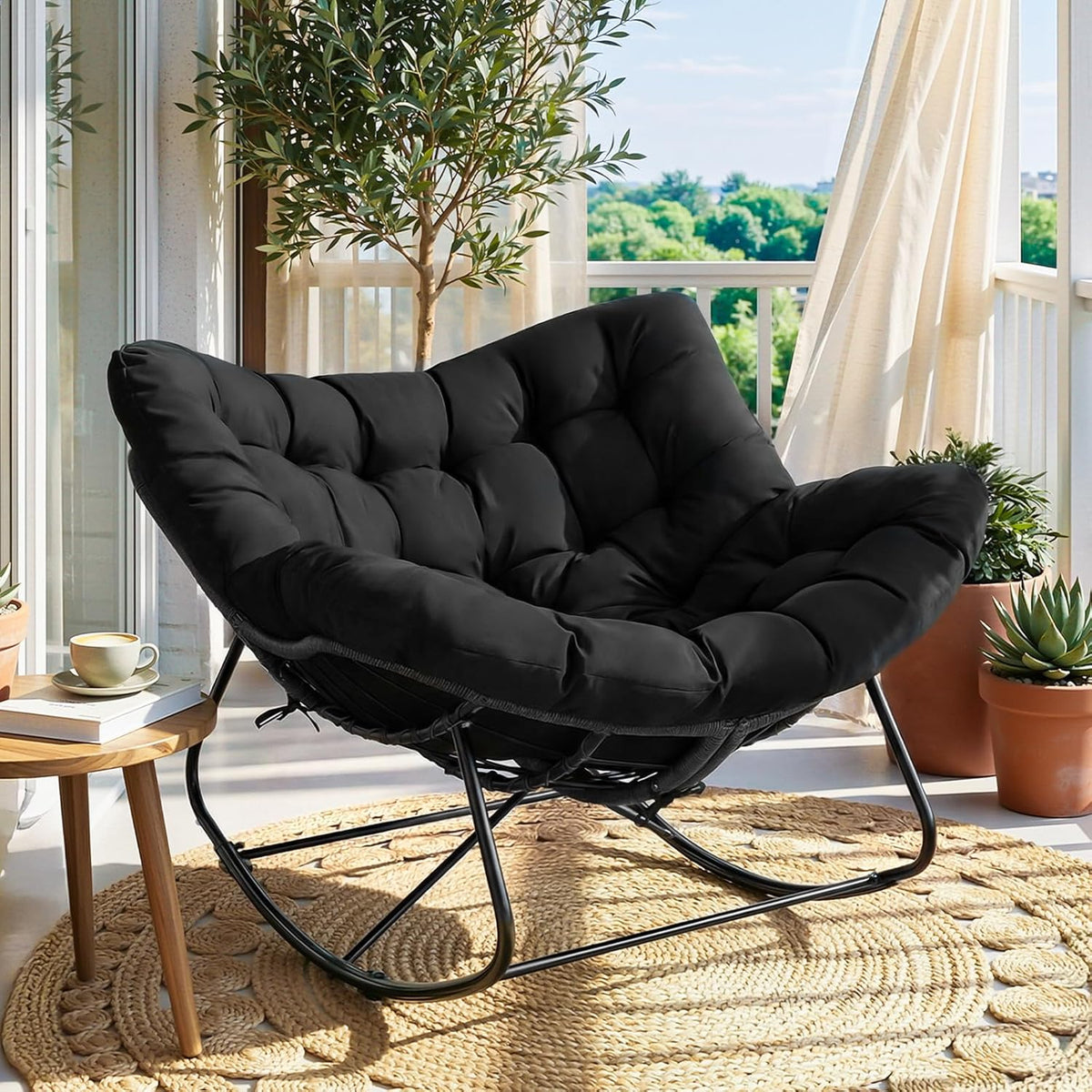LIFERUN, Schaukelstuhl, 150 kg, Schwarz/Grau/Beige, mit Rattan, Belastung