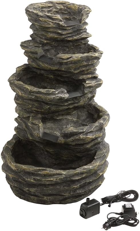 Dehner, Tischbrunnen, 99 x 65 x 62 cm, 22 kg, Grau, Gartenbrunnen Roccia mit LED Beleuchtung, Steinoptik, Polyresin