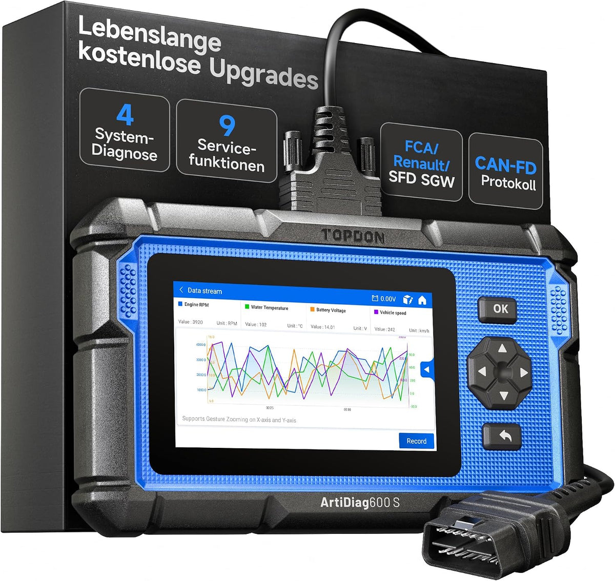 TOPDON, OBD-II Diagnosewerkzeuge, Grau/Schwarz, AD600S OBD2 Diagnosegerät für 4 System, KOSTENLOSE LEBENSLANGE Update