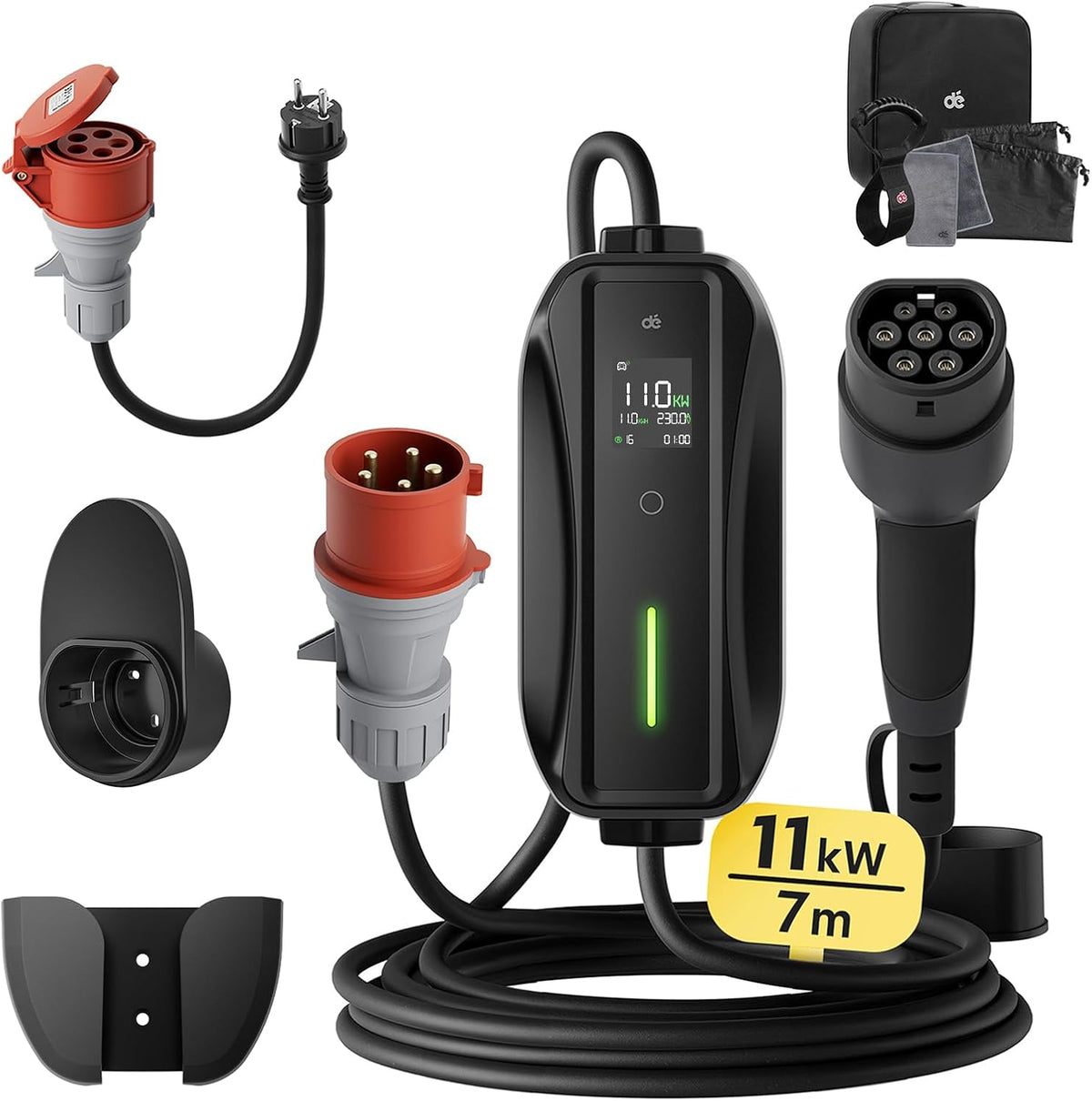 dé, Ladestationen, 11kW, 7 m, Grau/Schwarz, Mobile Wallbox [3-phasig, 6-16A] mit Einstellbarer Ladeleistung