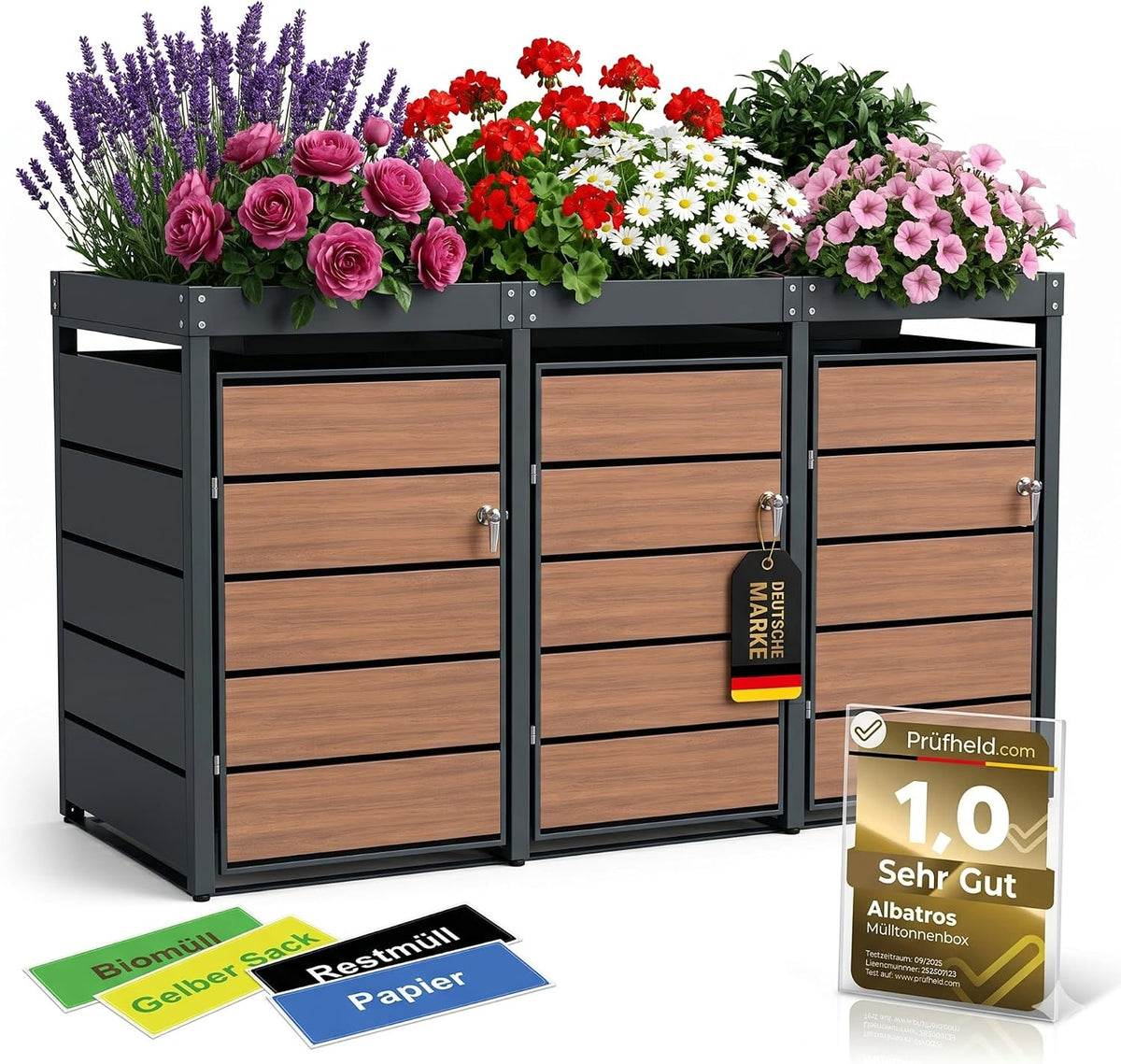 ALBATROS, Mülltonnenbox, 240 L, Braun/Grau, 3er Holzdekor & Pflanzkasten, Metall