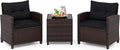 Gartenmöbel-Set, COSTWAY, Schwarz, Rattan Gartenmöbel Set, 3-TLG. Balkonmöbel inkl. 2 Sessel, Kissen & Tisch mit gehärteter Glasplatte