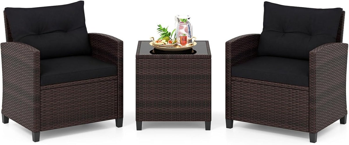 Gartenmöbel-Set, COSTWAY, Schwarz, Rattan Gartenmöbel Set, 3-TLG. Balkonmöbel inkl. 2 Sessel, Kissen & Tisch mit gehärteter Glasplatte