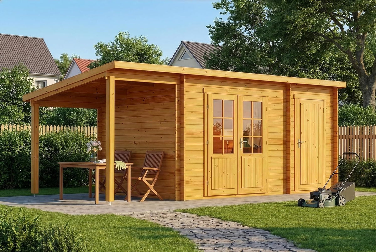 Gerätehaus, Alpholz, 598x272 cm, 28 mm, Natur, Gartenhaus Maria mit Anbau & Schleppd. Imprägn.Pinie