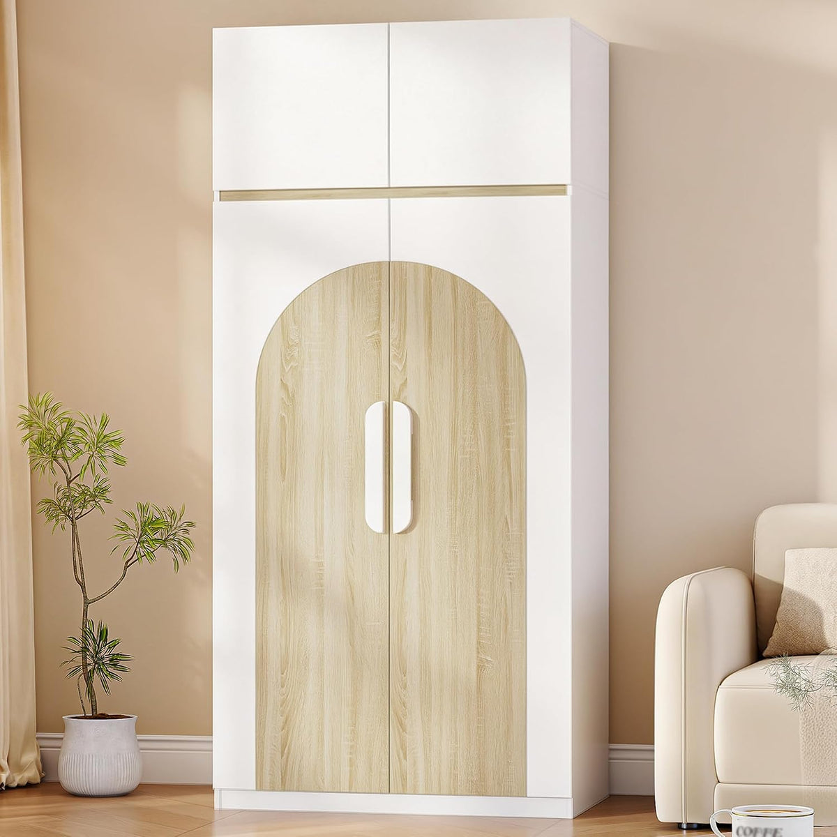 Hzuaneri, Kleiderschrank, 50×80×180 cm, Weiss, Dreitürig, mit Naturholzoptik