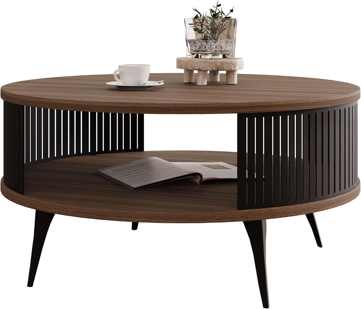 Sofa, Mirjan24, Schwarz, Couchtisch Rajkon, runde Form (Nuss Franklin Tobacco