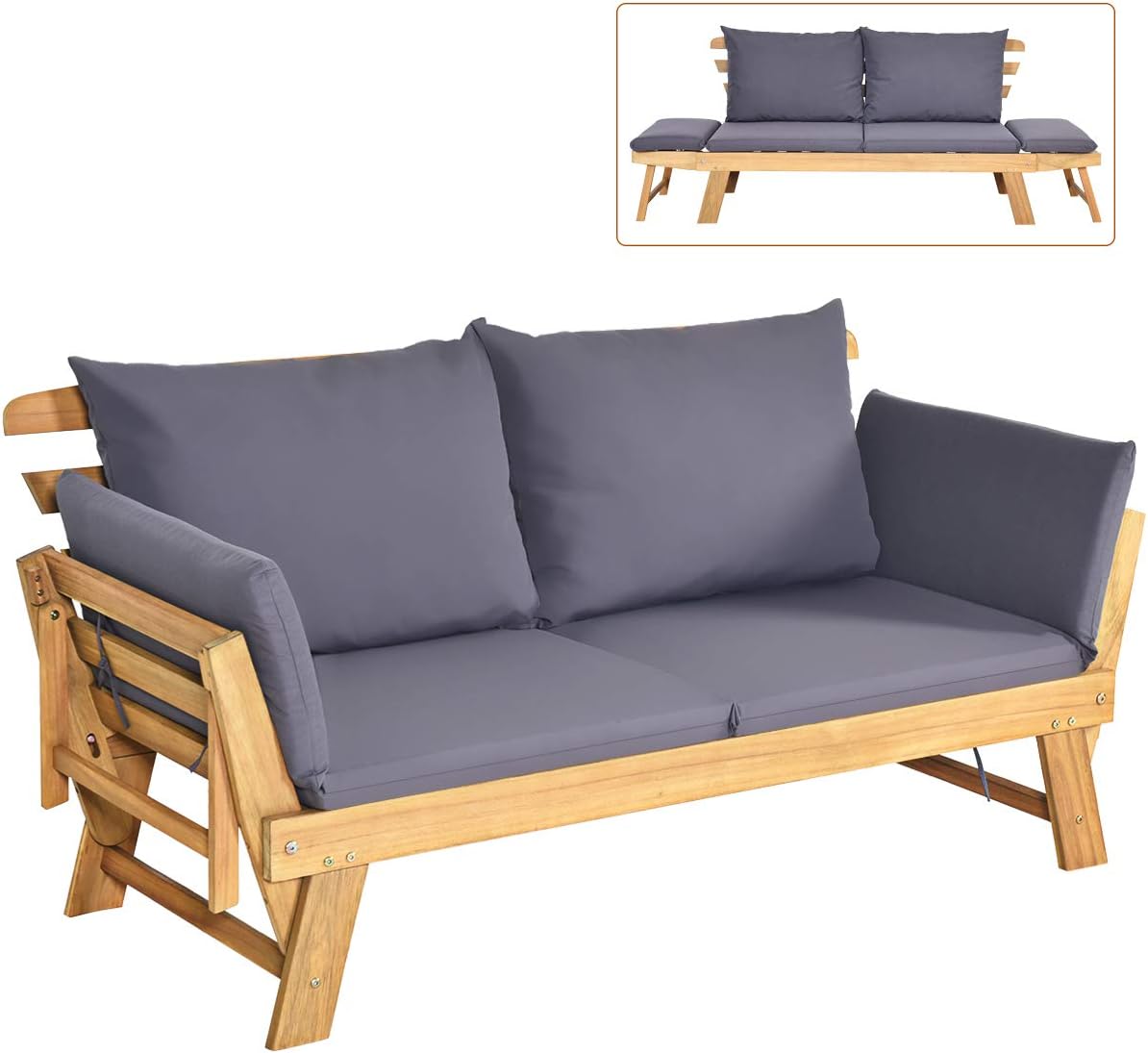 COSTWAY, Sitzbank, Grau, Gartenbank Holz mit Liegefunktion, Gartensofa mit Auflagen