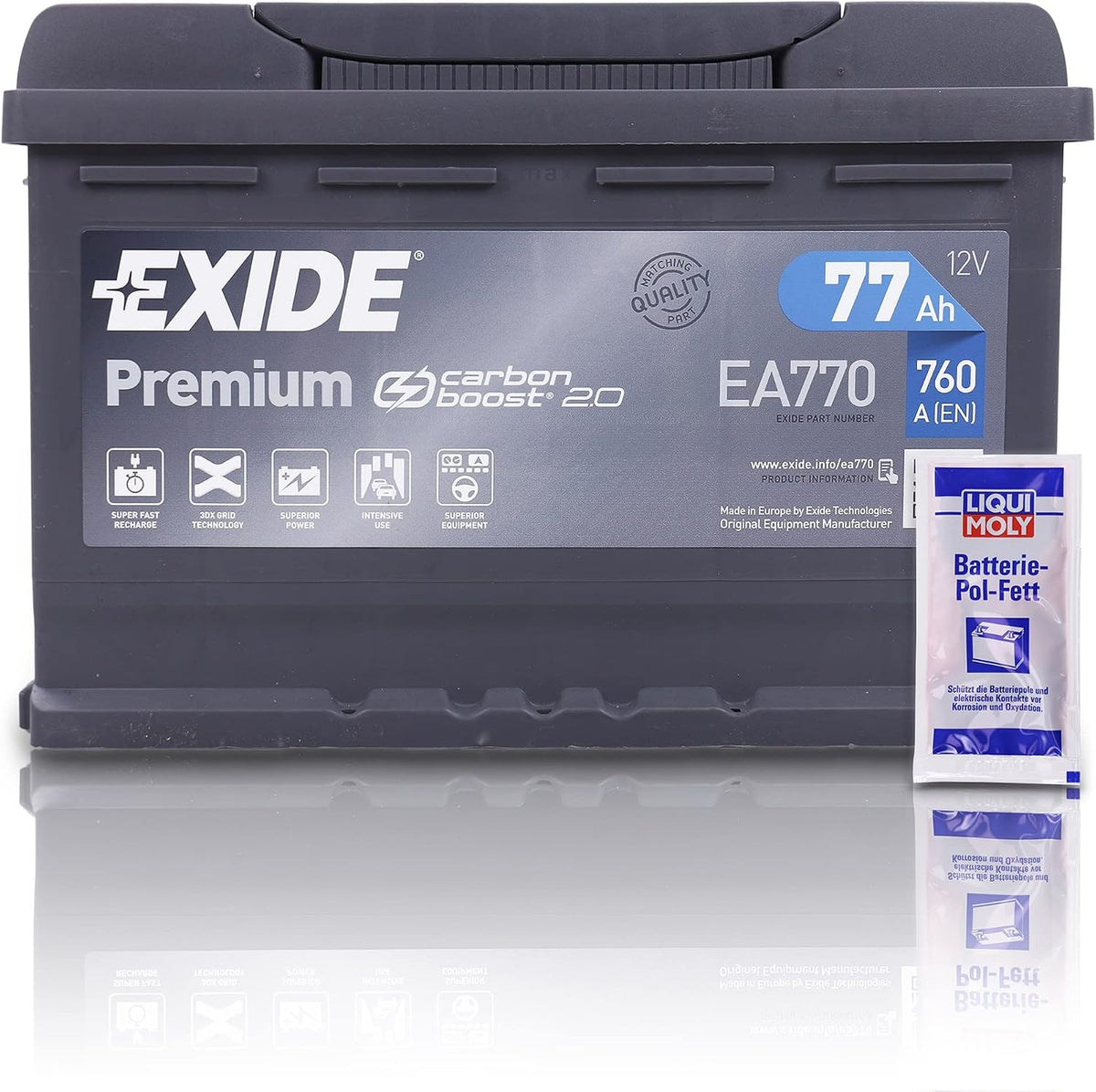 EXIDE, Autobatterien, 12 V, 77Ah, 70Ah, 71Ah, Rot, EA770 Premium Carbon Boost Autobatterie 760A