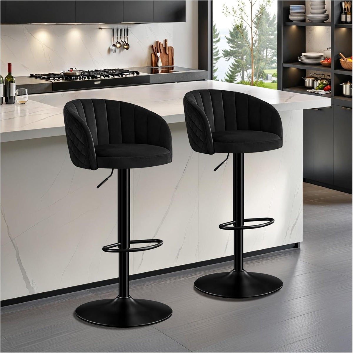 STOOLINK, Barhocker, Schwarz, 2er Set Höhenverstellbar aus Milch-samtstoff